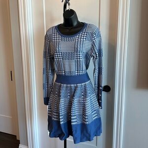 Blue and White Patterned Plaid Women's Sweater Dress